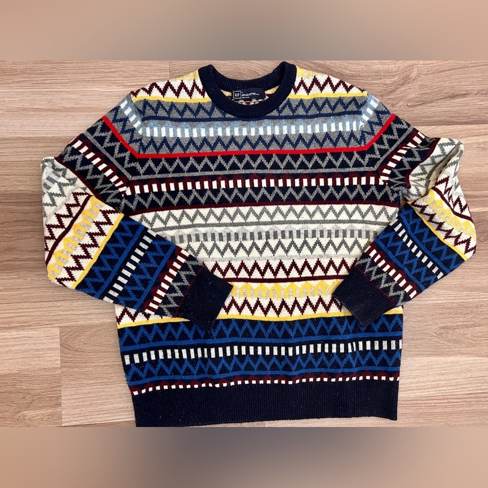 GAP Men’s Lambswool Sweater Zig Zag Crew Neck Fair Isle Multicolor Knit Large